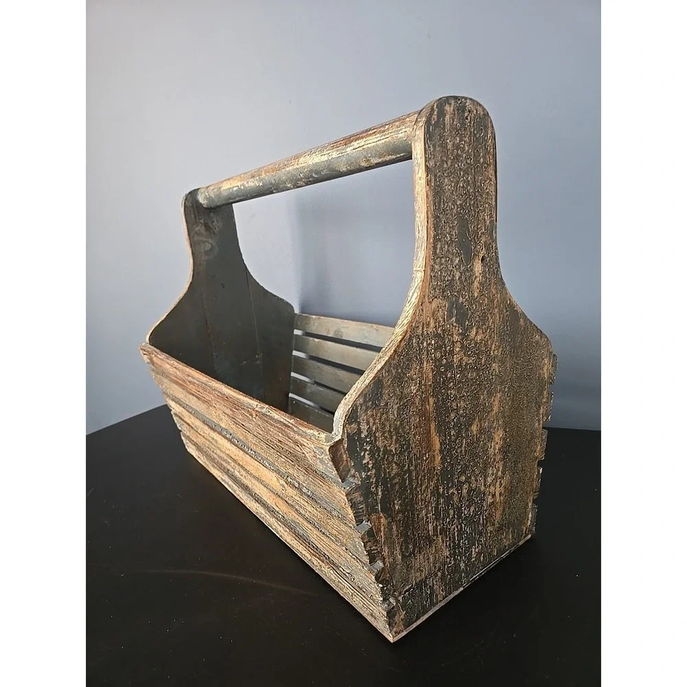 Handmade‎ wood basket farmhouse tramp art wood handle slats rustic primitive